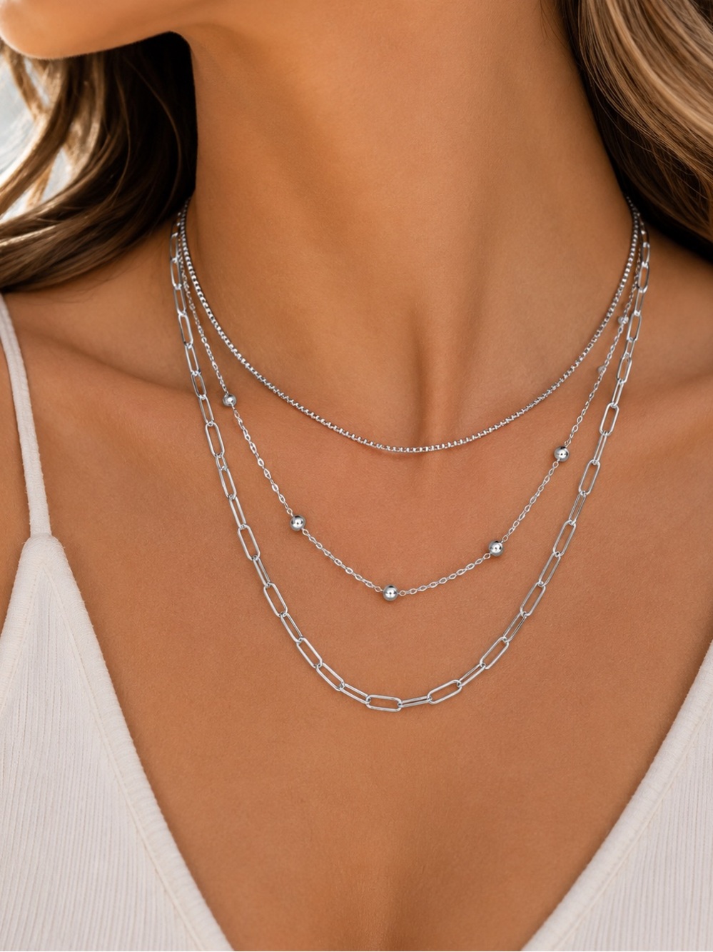 Silver Layered Stainless Steel Necklace Waterproof Hypoallergenic 3 Strand